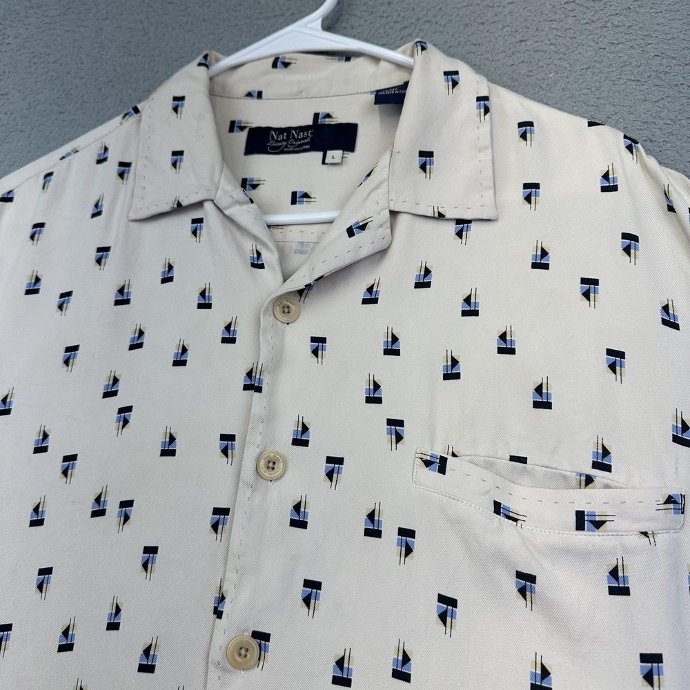 Nat Nast Shirt‎ Mens Large Cream Silk Short Sleeve Geometric Print Button Up